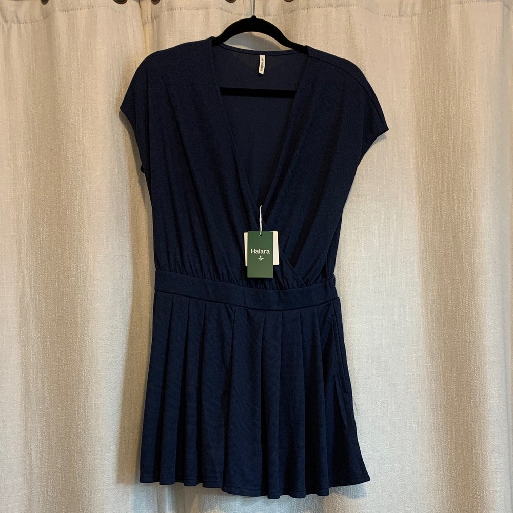 HALARA Navy V-Neck Pleated Romper